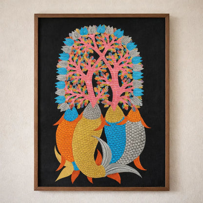 Fish Beneath the Forest Tree — Hand Painted Gond Art from Madhya Pradesh
